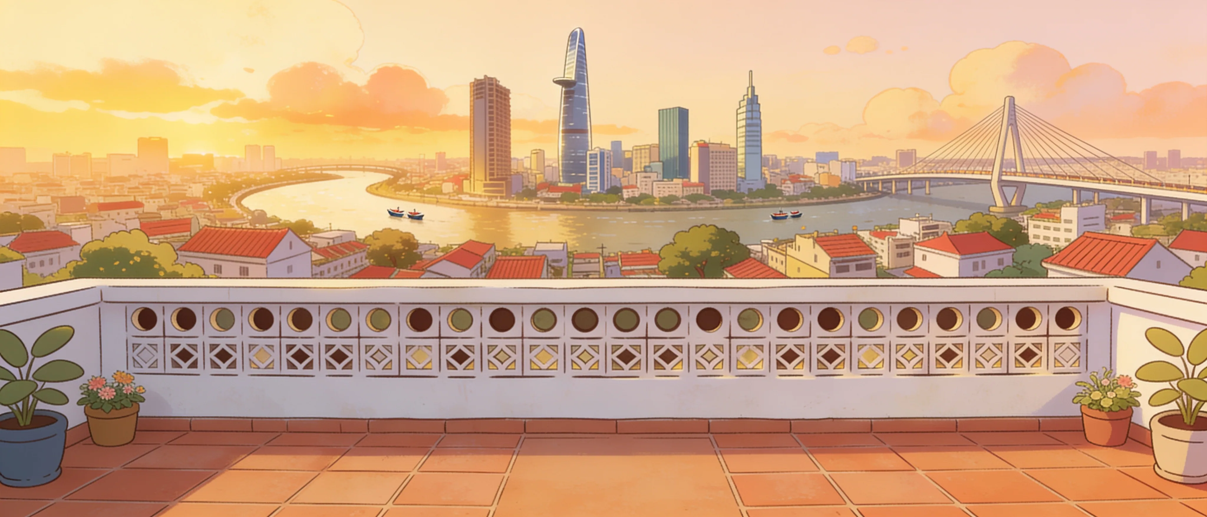 Ho Chi Minh City at golden hour, seen from a balcony with a white breeze-block wall